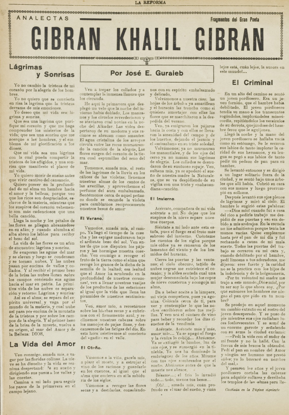 José E. Guraieb, "Fragmentos del Gran Poeta Gibran Khalil Gibran: Lágrimas y Sonrisas", La Reforma, May 20, 1932, pp. 12-13.